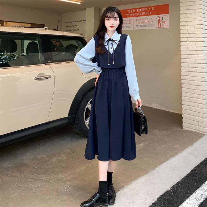 Large size women's fake two-piece dress women's autumn new retro design temperament slim dress
