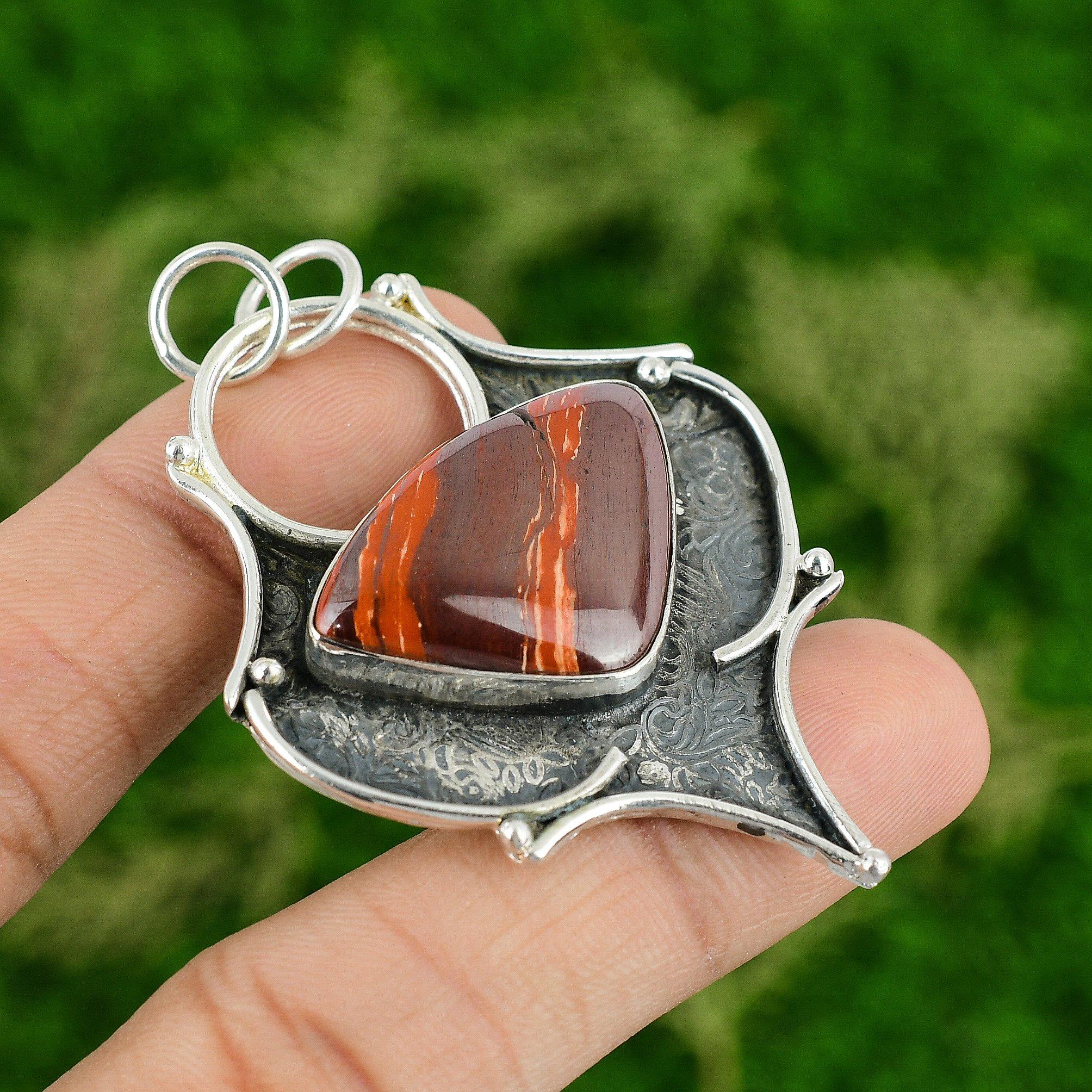 

925 Sterling Silver Natural Red Snakeskin Jasper Handcrafted Anniversary Pendant