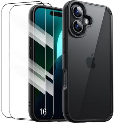 Case + 2 Tempered Glasses for iPhone 16, Shockproof Protection Black Silicone + Translucent PC Back
