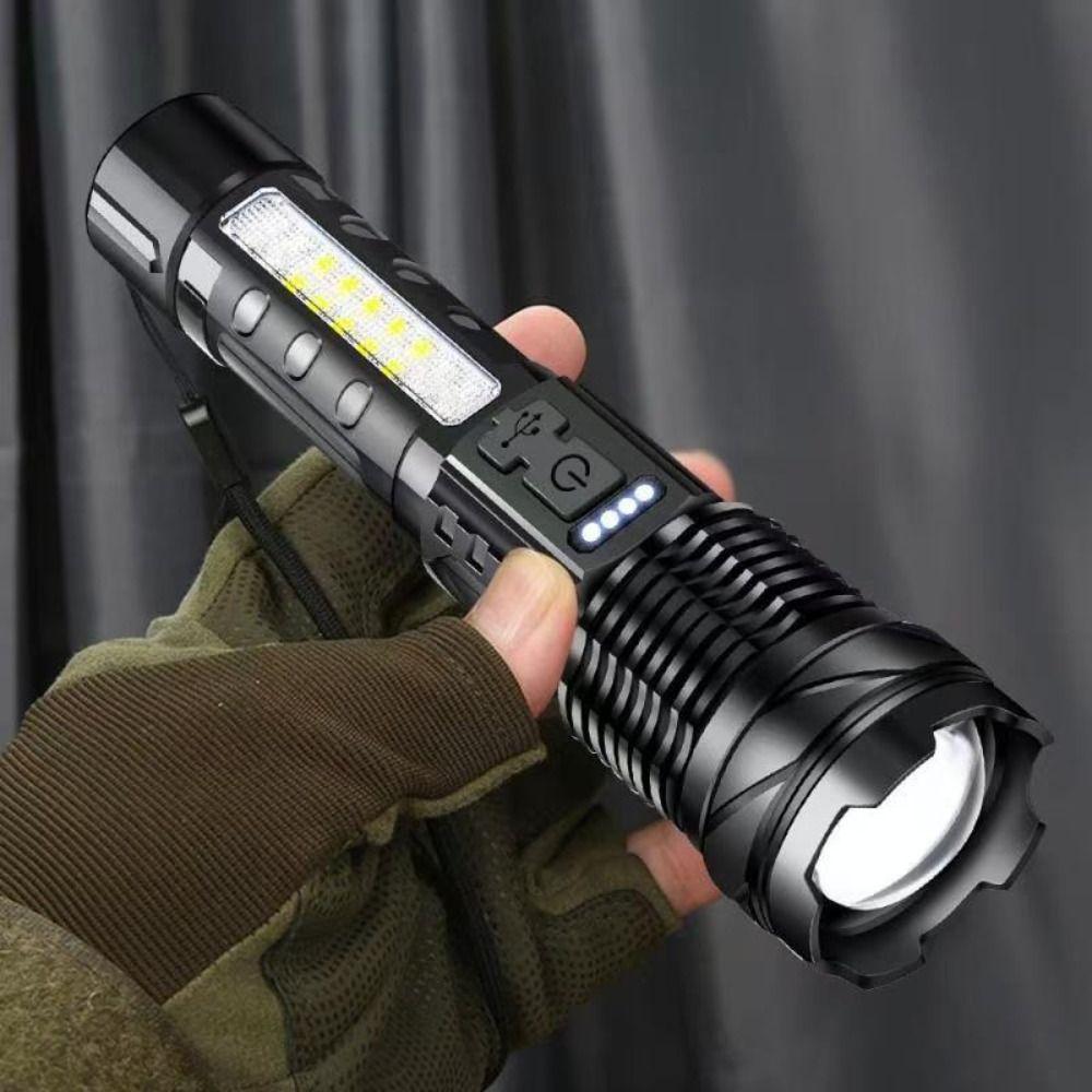 Red Blue Warning Light LED Flashlight USB C Charging Zoomable Flashlight  Outdoor Camping