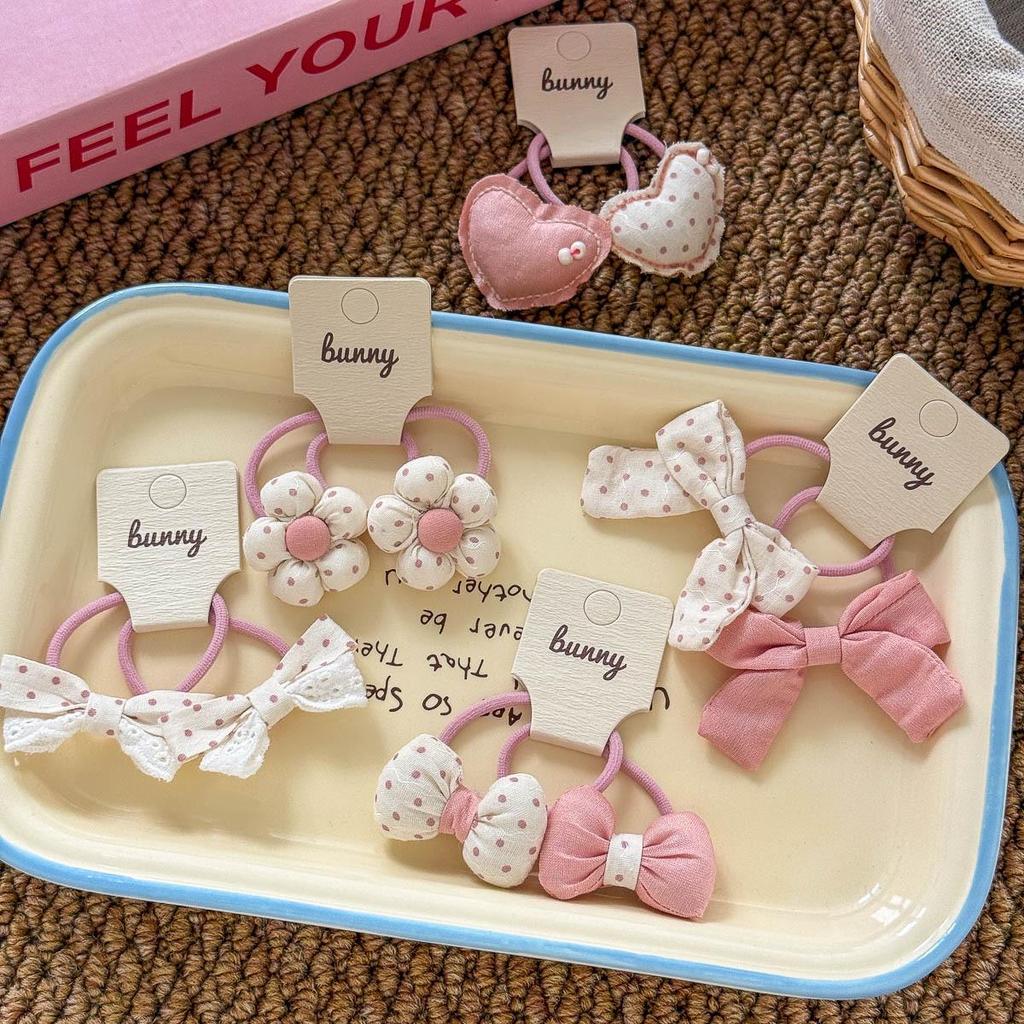 Korean Style Pink and White Polka Dot Cotton Flower Bow Hair Tie for Girls - High Elastic Double Ponytail Rubber Band
