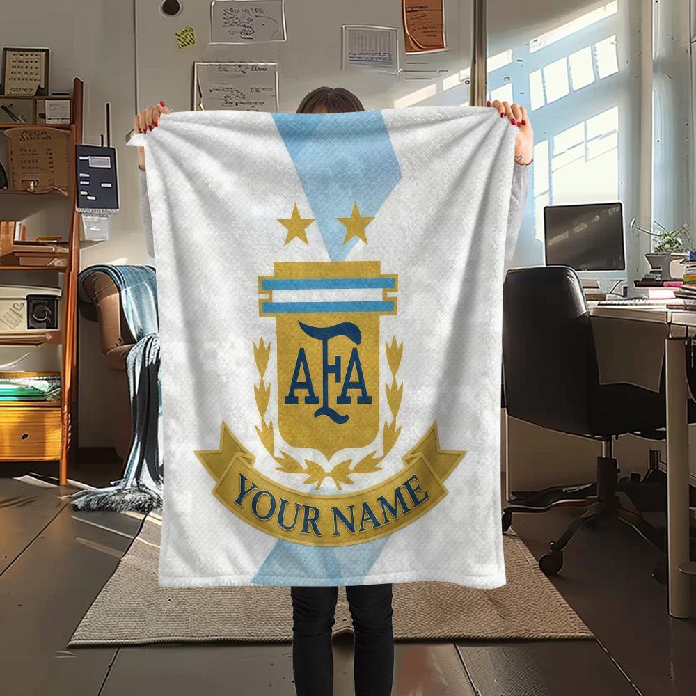 Custom Name Argentina Football Association Flannel Blanket, High Quality Comfortable for All Seasons, Home Decor, Warmth and Comfort