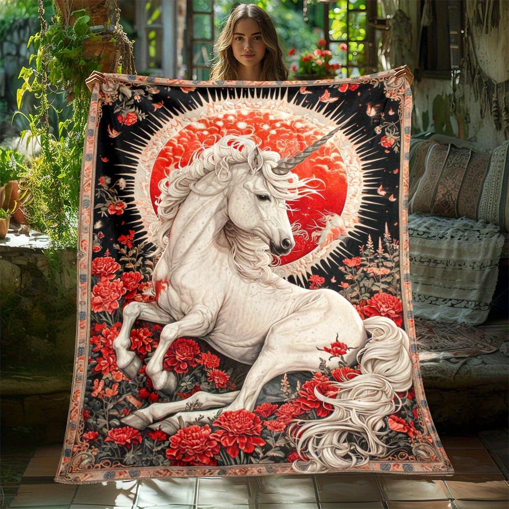 Vintage Art Unicorn And Red Rose Print Throw Blanket Soft Flannel Warm Blanket Floral Sun Pattern Sofa Bed Fantasy Decor Gift