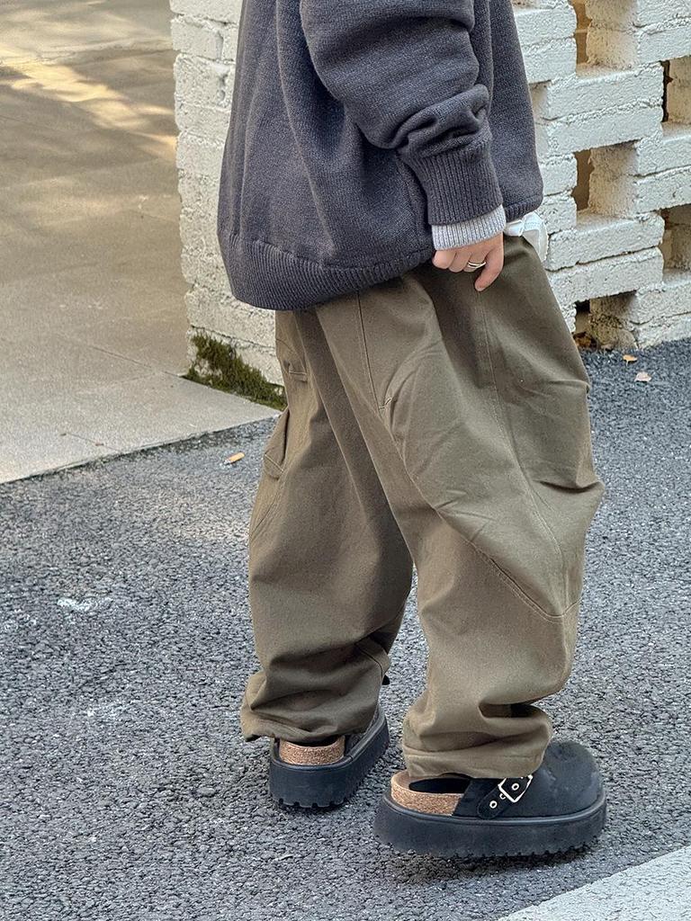Korean-Style Boys' Fleece-Lined Cargo Pants, Washed and Faded, for Autumn/Winter 2025 - Medium and Big Children's Casual Wear