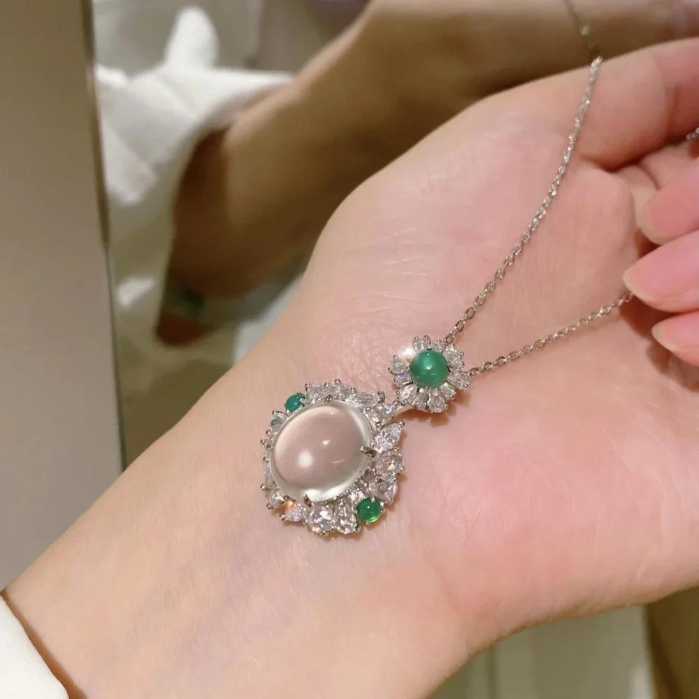 Natural Ice Chalcedony Round Green Flower Necklace New In Chinese Style Vintage Pendant Collar Chain Wedding Zircon