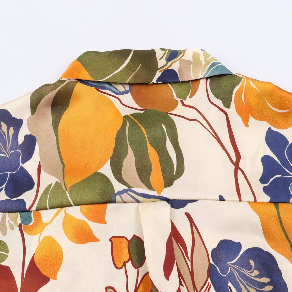 European Style Silk Satin Print Long Sleeve Shirt for Women