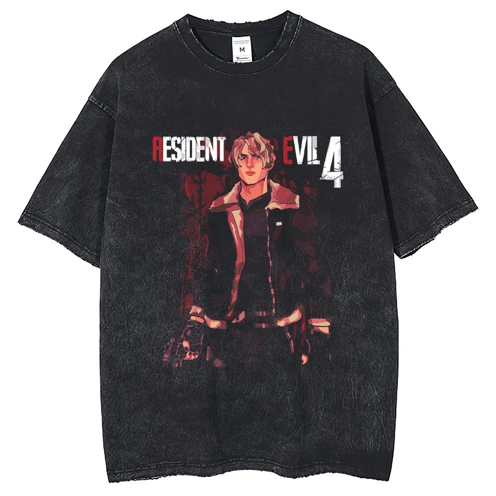 Resident Evil Leon S. Kennedy Realistic Portrait Vintage Washed Game T-Shirt, Unisex Survival Horror Game Fan Streetwear Tee, 100% Cotton Casual