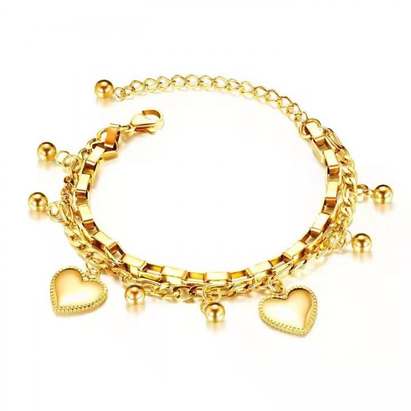 Double Layer Heart Charm Beaded Bracelet Women Titanium Steel Gold Plated Elegant Minimalist Jewelry Accessory