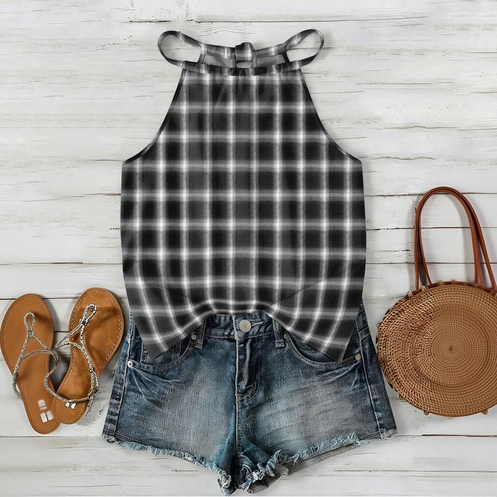 Damen ärmelloses kariertes Tanktop im Bohemian-Stil, leichte lässige Sommerbluse mit verstellbaren Trägern und lockerer Passform