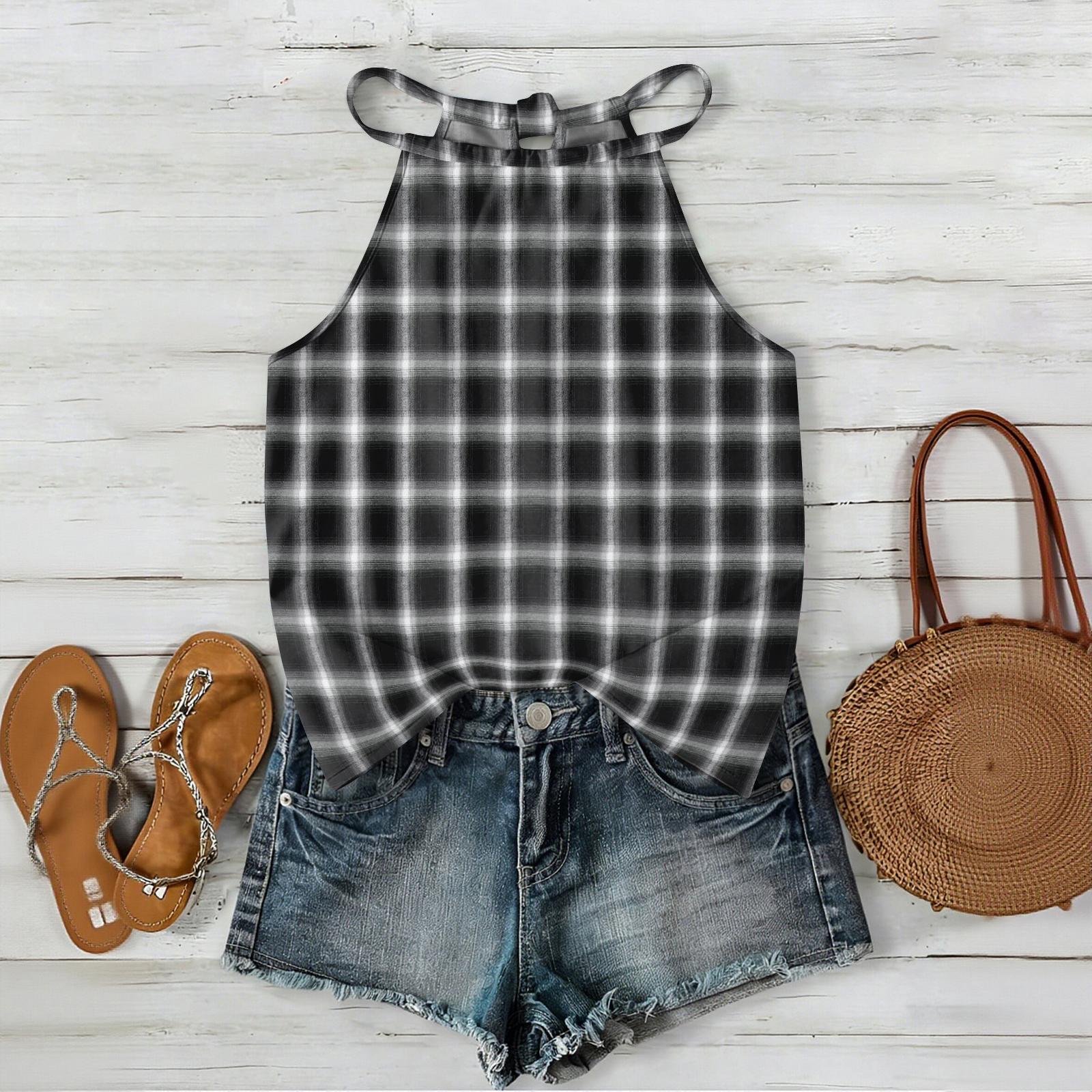 

Women Sleeveless Plaid Print Bohemian Style Tank Top Lightweight Casual Summer Blouse with Adjustable Straps and Relaxed Fit S