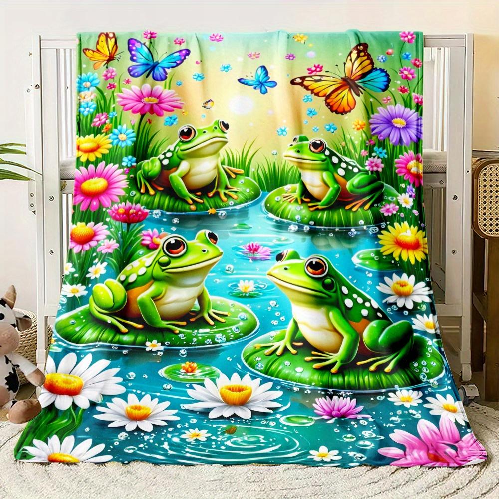 Pond Frog Flannel Blanket, Cozy Knit All Season Throw, Lightweight for Sofa Office, Whimsical Nature Themed Decor