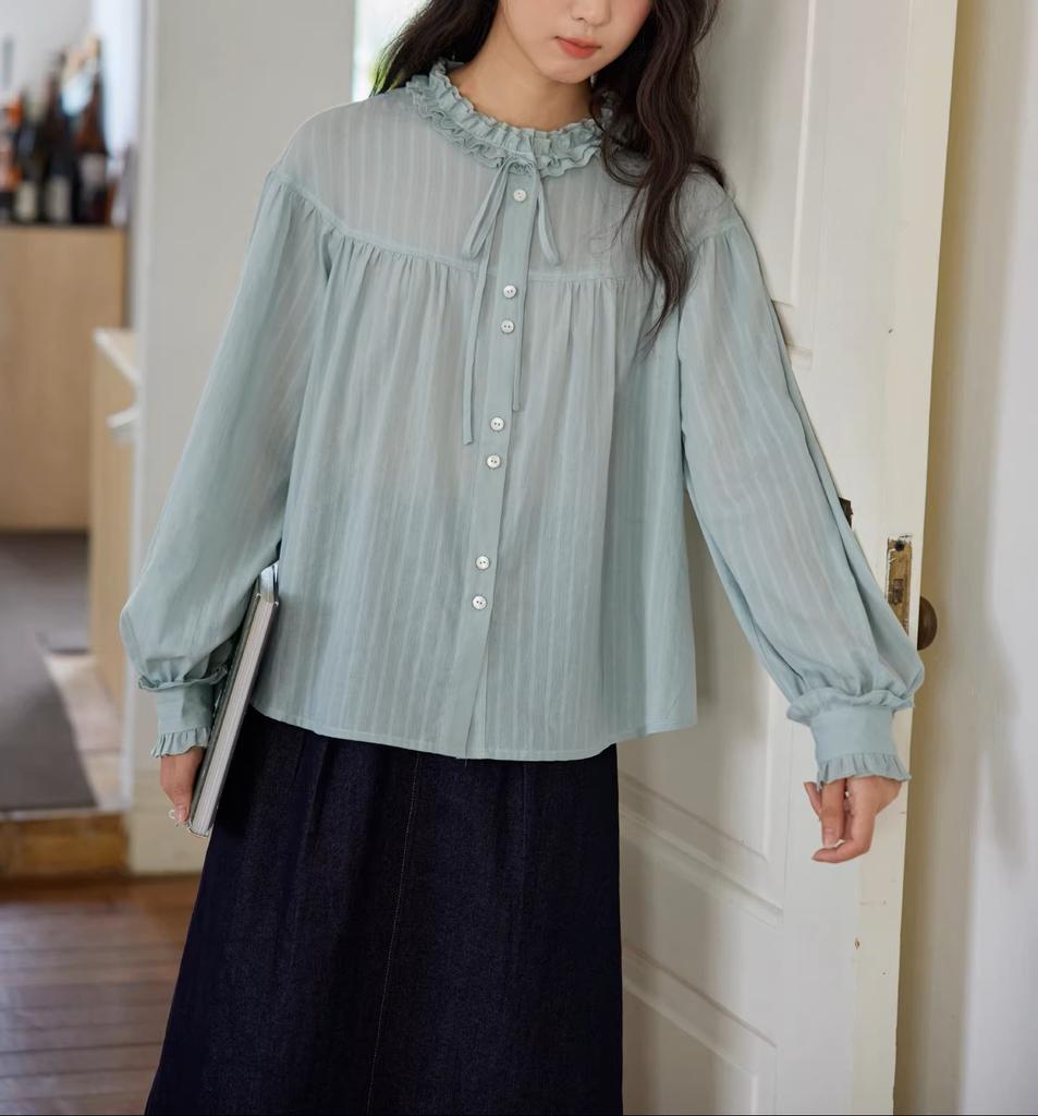 French fungus edge stand-up collar curved split long-sleeved green shirt women's lace-up top spring