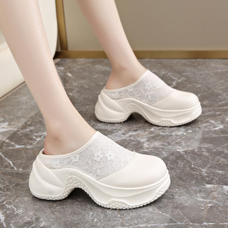 CRLAYDK Mules for Women House Wedge Slip On Slippers Lace Backless Walking Loafers Mesh Height Increase Casual Ladies Slides