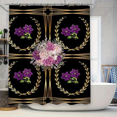 Art Deco Floral Duschvorhang Luxuriöser Schwarzer Stoff mit Goldenen Akzenten Lila Blumen für Badezimmerdekorationen.