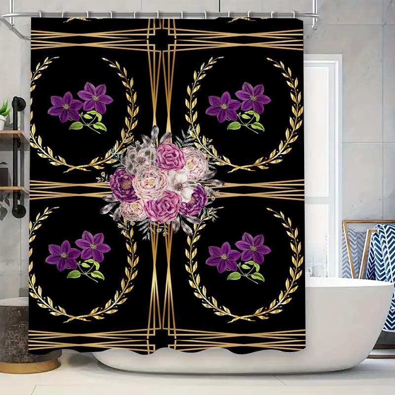 

Art Deco Floral Shower Curtain Luxurious Black Fabric with Gold Accents Purple Flowers for Bathroom Decorations. 90x180cm