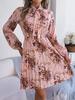 Elegant Floral Lace Up Waist Long Sleeve Pleated Midi Dress For Women