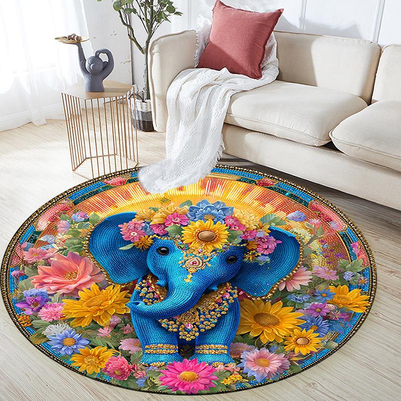 Elephant Round Area Rug,Carpet Rug for Living Room Bedroom Sofa Playroom Decor,Non-slip Floor Mat