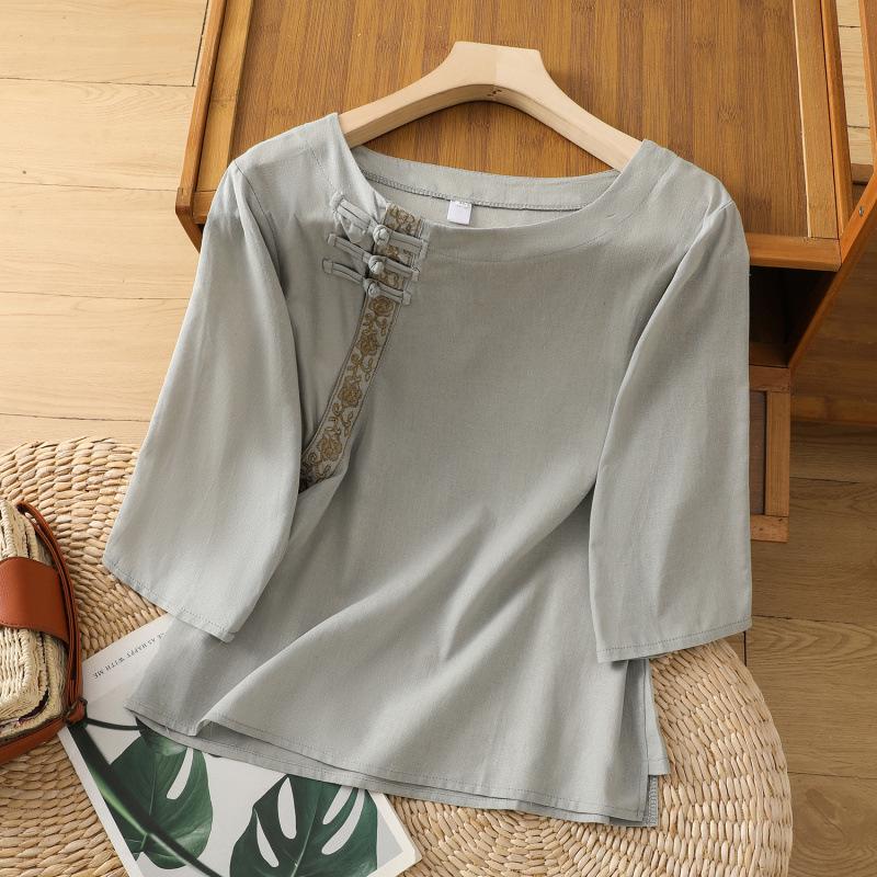 2026 Chic Retro Cotton-Linen T-Shirt - Women s Summer Loose Fit M абрикосовый/серый