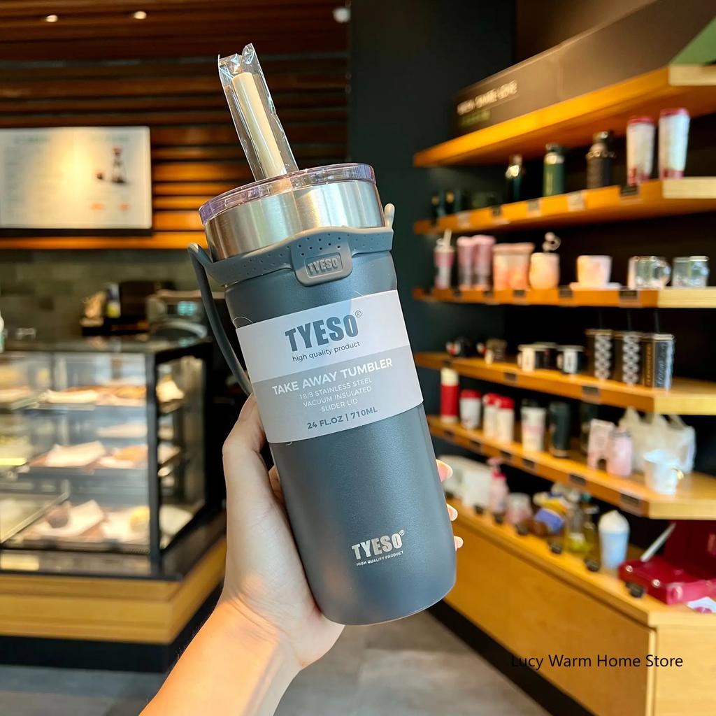 TYESO Tasse Thermo-Edelstahl-Kaffeetasse, Doppel-Thermosflasche, Isolierflasche, isolierte Reise-Auto-Bierbecher mit Strohhalm