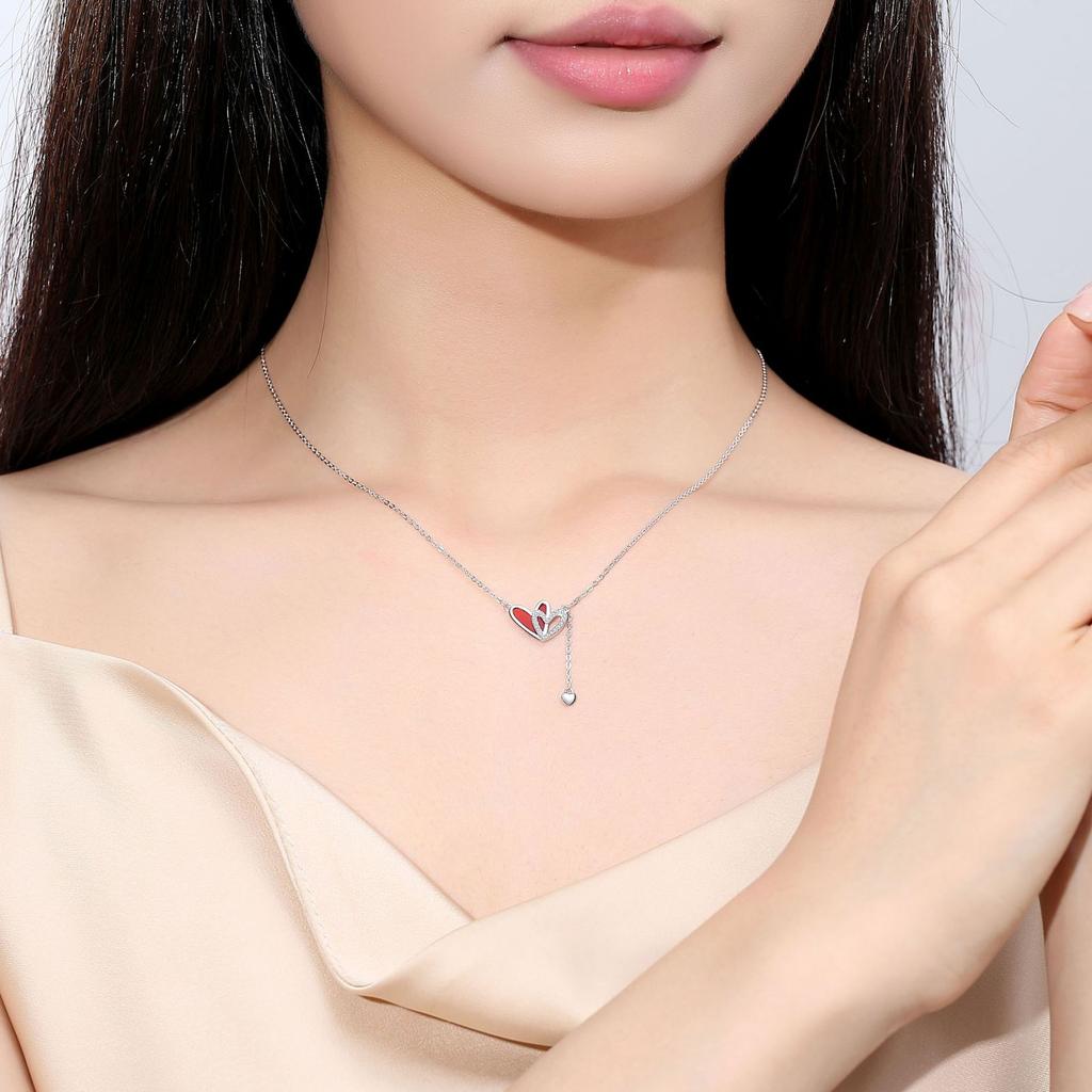 S925 Sterling Silver Women's Trendy Heart Pendant Necklace Red Agate Tassels Electroplated Perfect Fall/Winter Sweater Chain