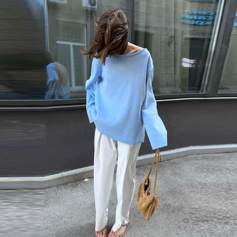 Cotton Pullover Overzie Sweater Women's Sexy Backless Loose Knit Sweater Round Neck Flared Sleeve Solid Color Pull Jumper Autumn/Winter 2025