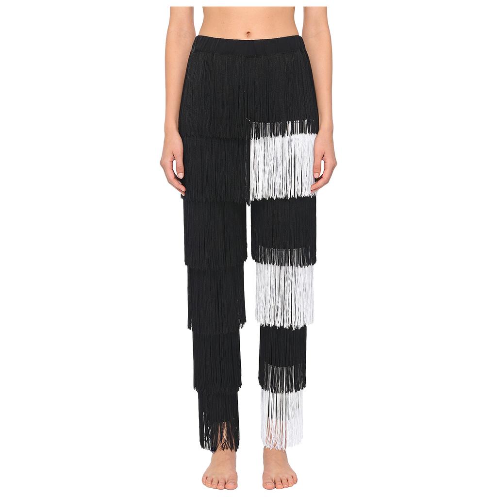 Women's Latin Dance Fringe Pants S-3XL: Elastic Waistband Contrast Color Tassel Trousers for Chacha Tango Rumba Dance Costume