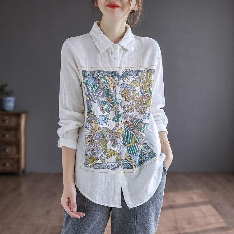 Vintage Floral Print Chinese Style Blouse Women Loose Long Sleeve Shirt Turndown Collar Casual Autumn Top