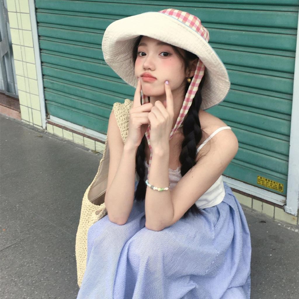 Plaid Bucket Hat Women'S Summer Wide Edge Lace-Up Big Brim Showing Face Small Sun Hat Sun Protection Hat Basin Hat