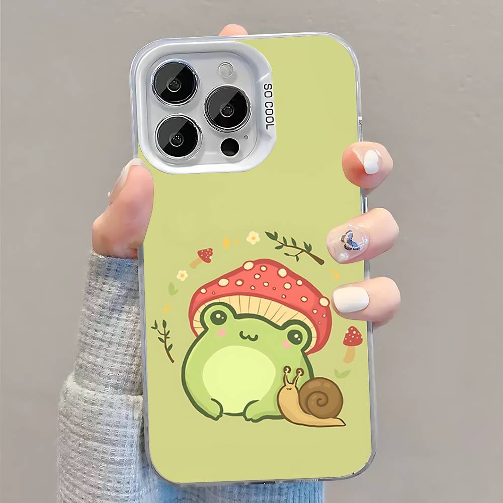 Mint Green The Frog Mushroom Phone Case For iPhone 16,15,14,13,12,11,Pro,XS,Max,Plus,Mini,SE White Candy Matte Shockproof Cover