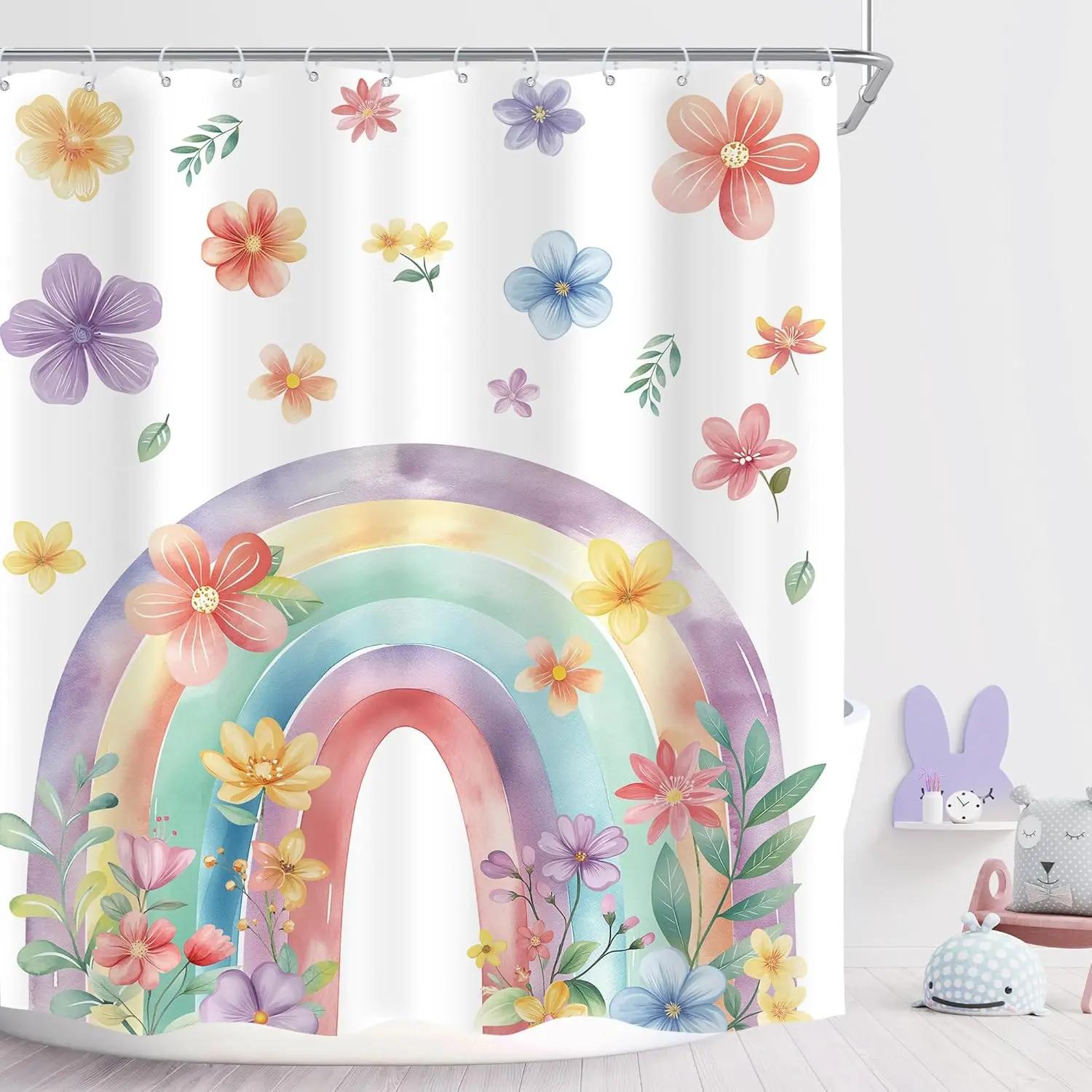 

Flower Rainbow Shower Curtain 180X 180Cm Colorful Multicolor Peony Wildflower Bohemian Plant Waterproof Shower Curtain W60H190(CM)-1 Pcs