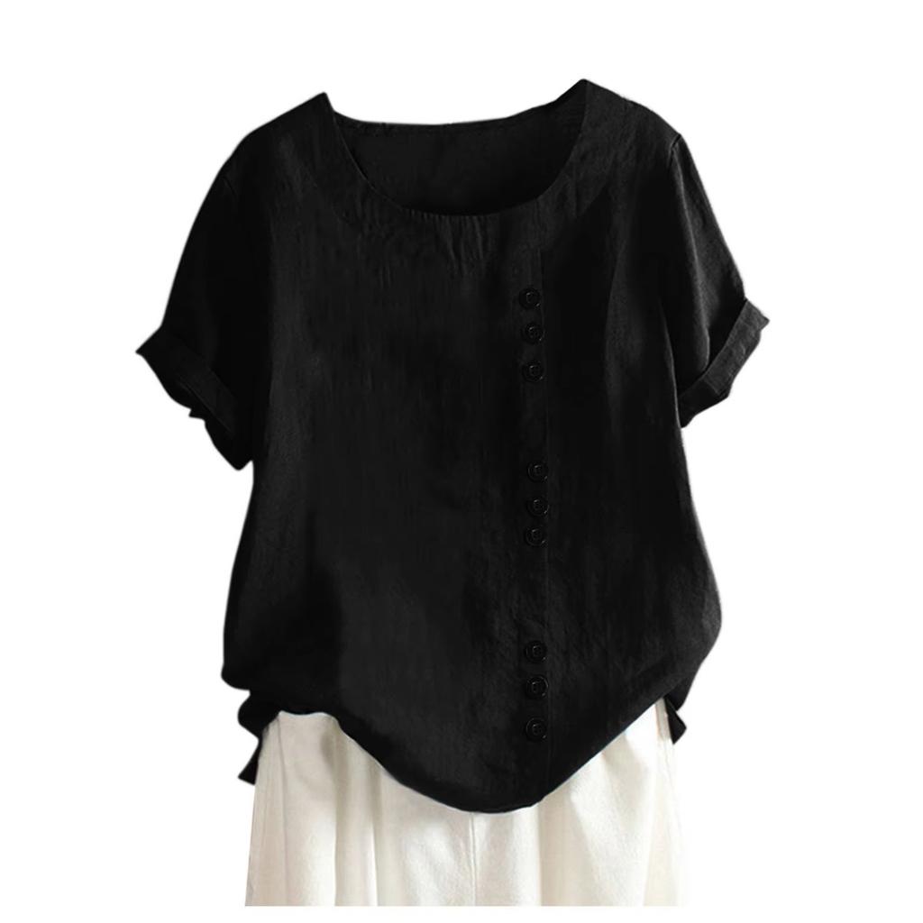 18 Colors S-5XL Women Cotton Linen Button Blouse Summer Female O-Neck Short Sleeve Solid Shirt Tops