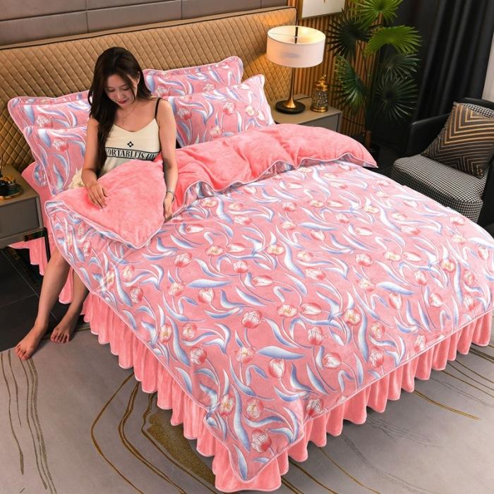 Thickened Milk Fleece Four-Piece Warm Double-Sided Coral Fleece Quilt Cover Flannel Sheet Bed Skirt Bedding