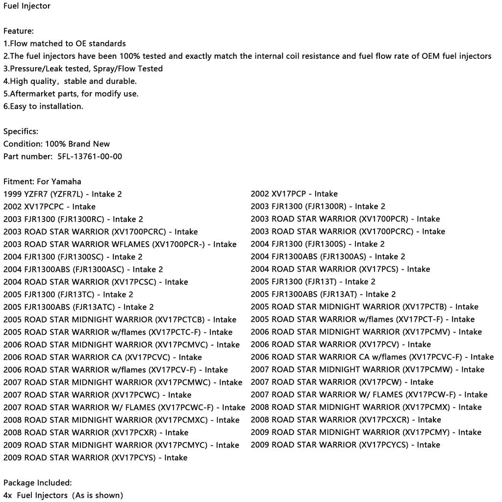 4PCS Fuel Injectors 5FL-13761-00-00 For Yamaha FJR1300 Road Star Warrior XV1700