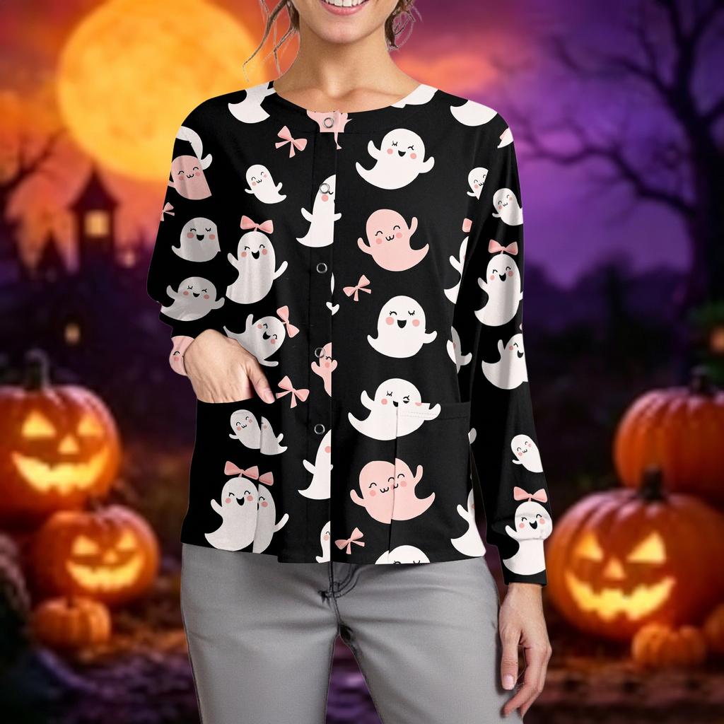 Women Long Sleeve Button Front Cardigan Halloween Print Lightweight Casual Workwear Cover Up Shirt for Caregivers and Daily Wear