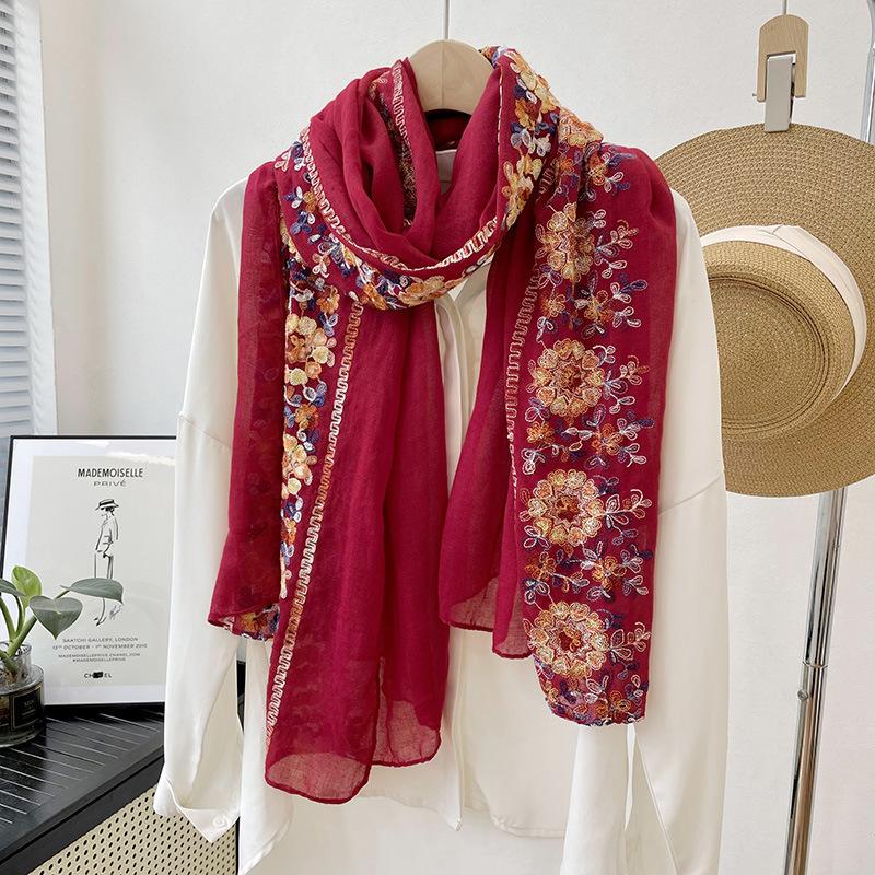 New embroidered flower cotton scarf with temperament shawl women's scarf neck protection fashionable and warm