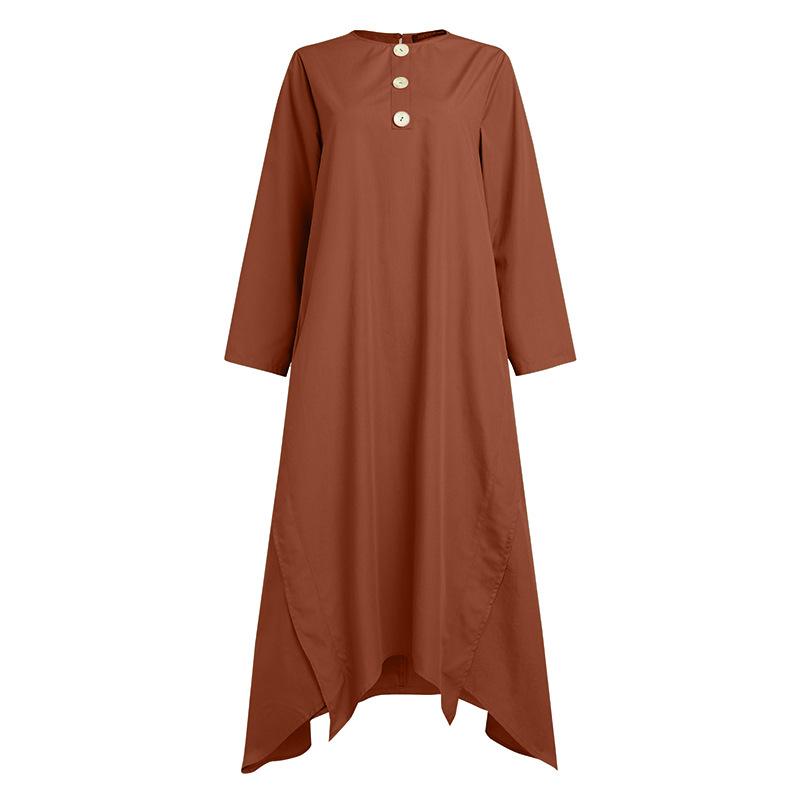 Womens Muslim Dress Islamic Clothing Long Sleeve Round Collar Solid Color Maxi Dresses Plus Size S-5XL