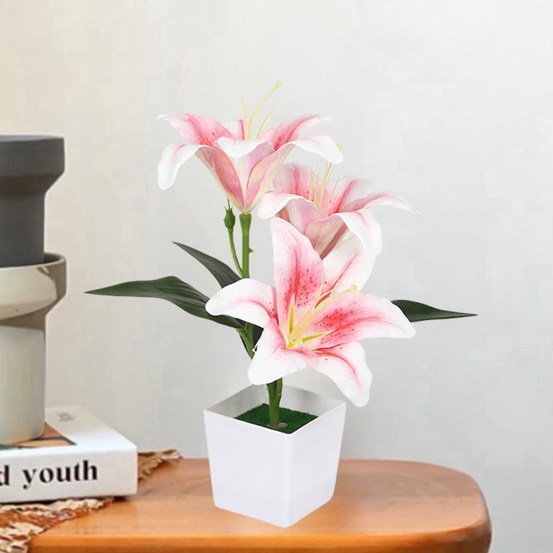 Artificial Lily Potted Bonsai Fake Lily with Leaf Potted Plant Wedding Flower Arrangement Props Home Decoration Party Decor