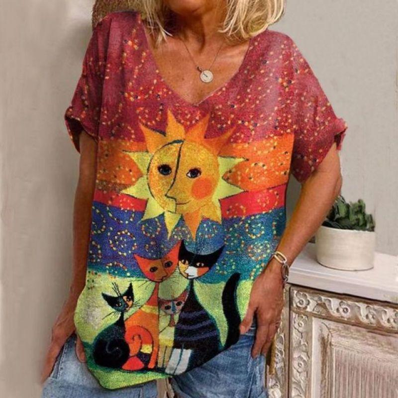 

Женская футболка Kawaii Cat в стиле Харадзюку, рубашка с коротким рукавом и v-образным вырезом, свободная женская футболка большого размера, повседневная женская одежда Y2k, топ, блузка 3XL