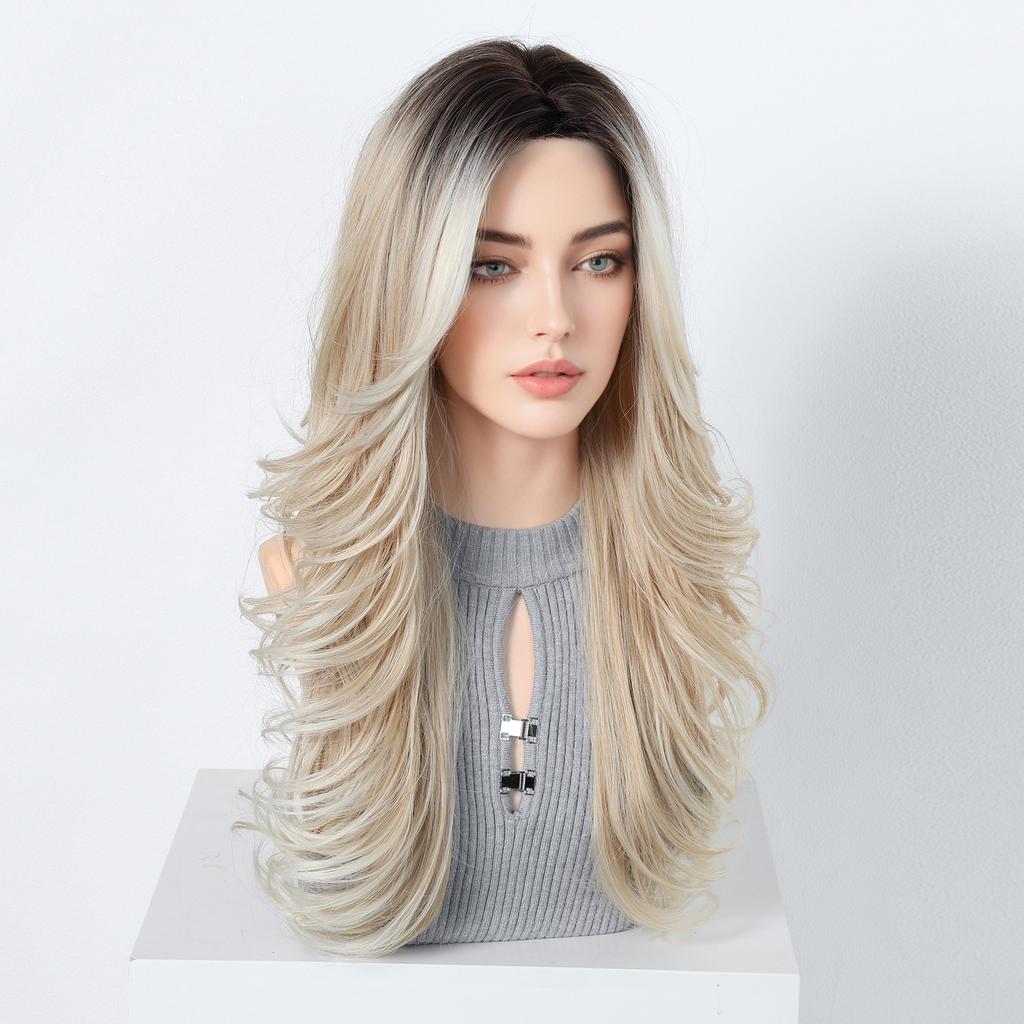 European And American Wind And Wind Gradually Change Platinum Long Curly Hair Wig Eight-Character Bangs Fluffy Natural High Temperature Silk Material