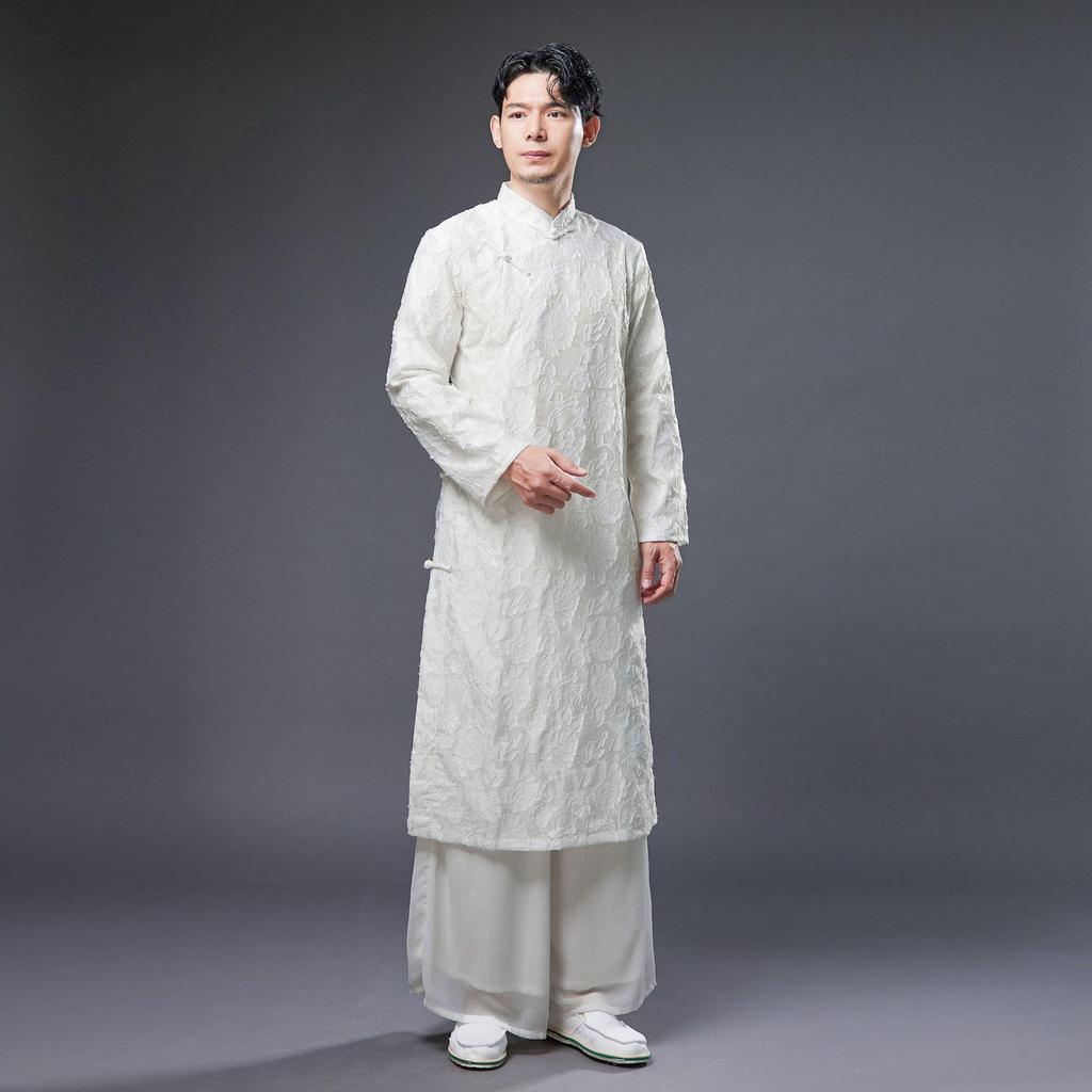 Męska Retro Etniczna Stójka Żabie Guziki Długa Szata Szlafrok