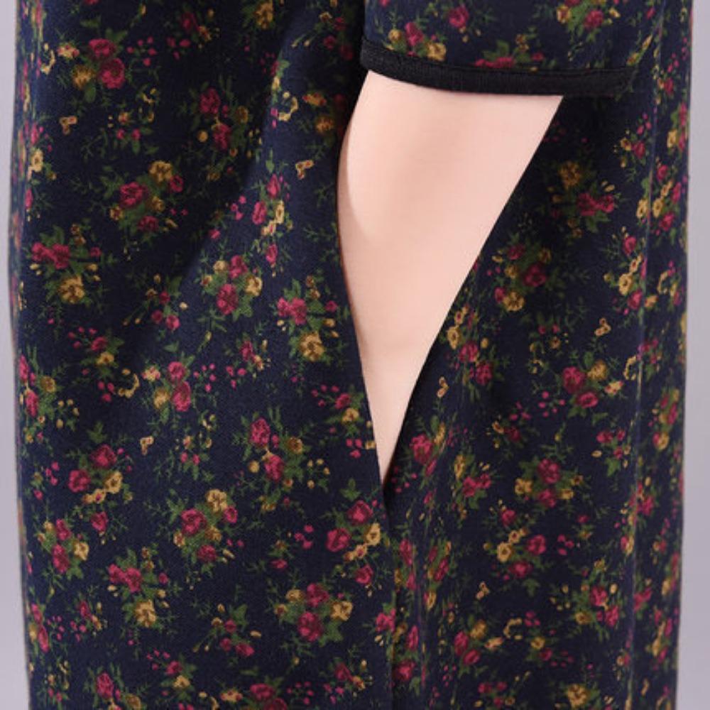 Loose Women's High Neck Floral Cotton Linen Dress