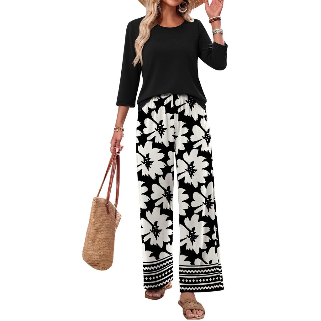 Women Casual Loose Fit Printed Three Quarter Sleeve Round Neck Top with Wide Leg Pants Two Piece Set Comfortable Relaxed Fit
