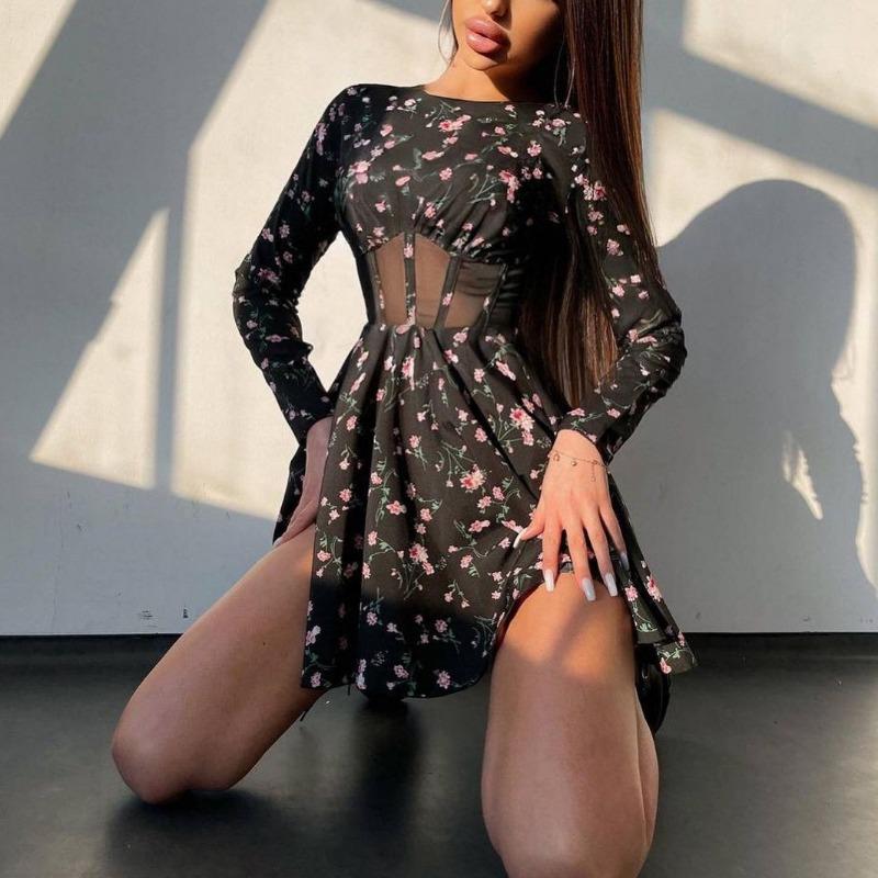 Women's Long Sleeved Summer Round Neck Floral Dress Sexy Mesh Hollow Out Short Skirt Hollow Out Patchwork Dress