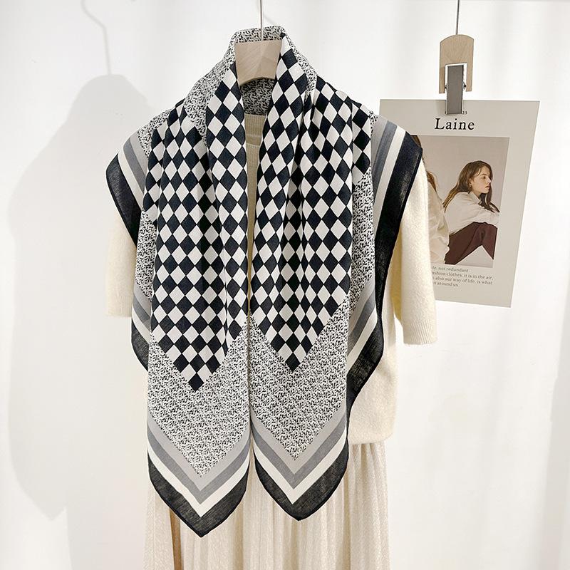 Korean Women's High-end Personalized Geometric Square Prints  Herringbone Square Scarf Design Niche Color Block Scarf