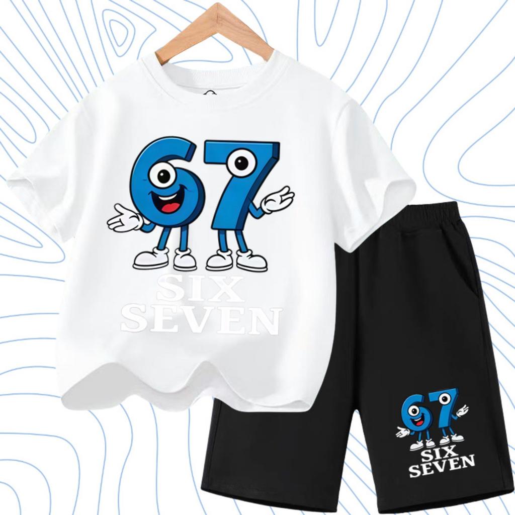 Nuova T-shirt Estiva Fresca per Bambini con Stampa Numero Sei Sette (67) 3-12 Anni Abbigliamento Cartone Animato Manica Corta + Pantaloncini Set Sportivo Casual per Ragazzi e Ragazze