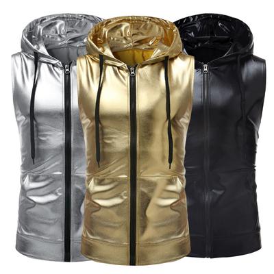 Herrväst med huva, dragsko, ärmlös väst med fickor, glänsande enfärgad, dragkedja, västjacka, streetkläder
