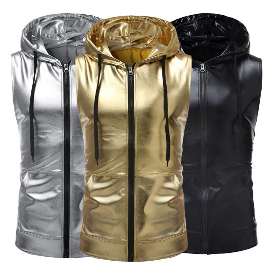Pánská vesta s kapucí, stahovací šňůrkou, bez rukávů, vesta s kapsami, lesklá jednobarevná, zapínání na zip, vesta, kabát, streetové oblečení