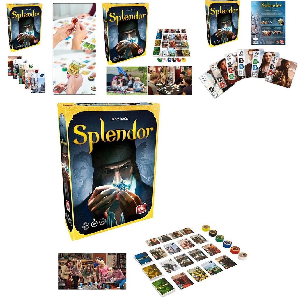 Splendor bordspel, volledige Engelse versie, doos voor thuisfeestjes met verzamelkaarten.