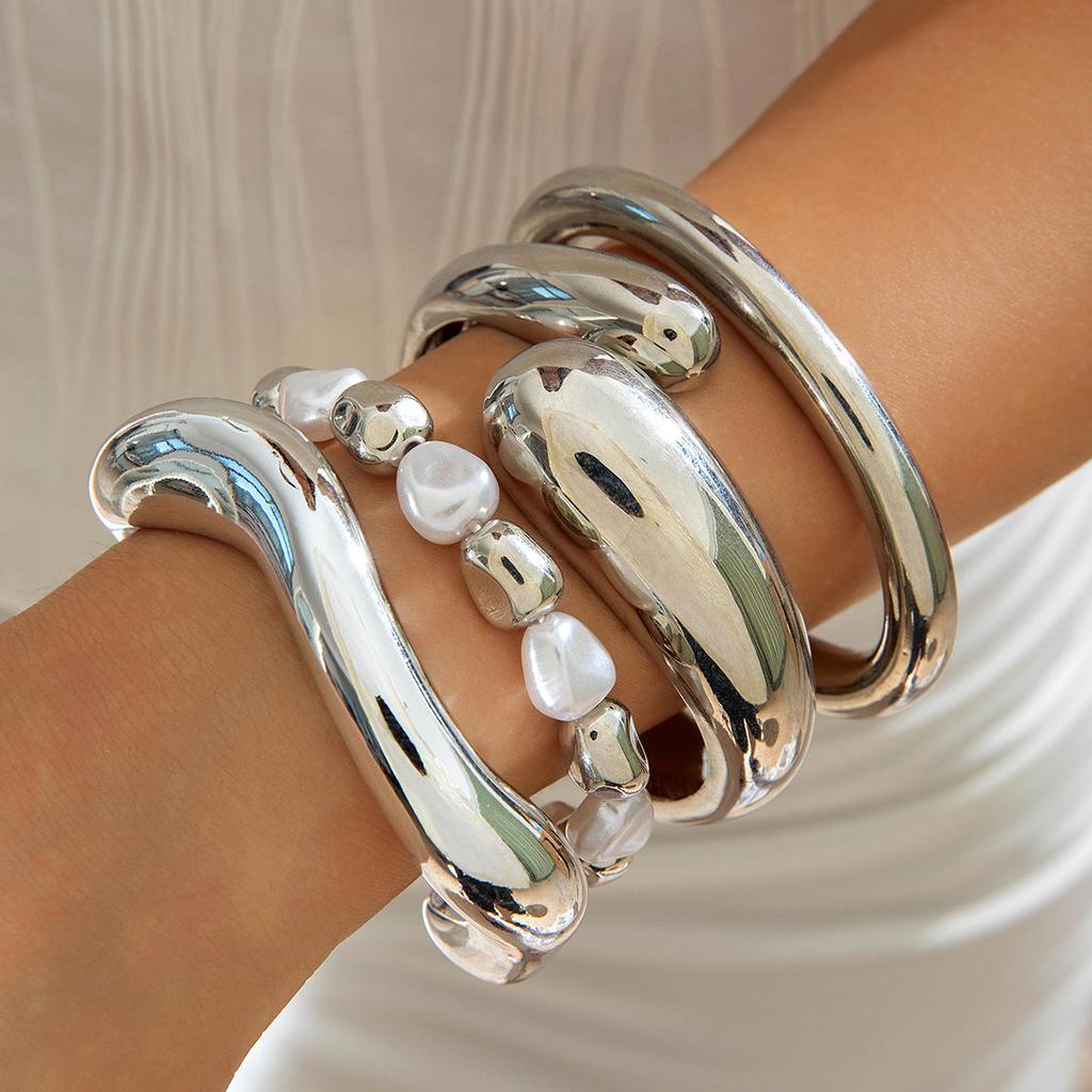 Accessories, geometric metal exaggerated bracelets, multi-layer pearl beaded bracelet set