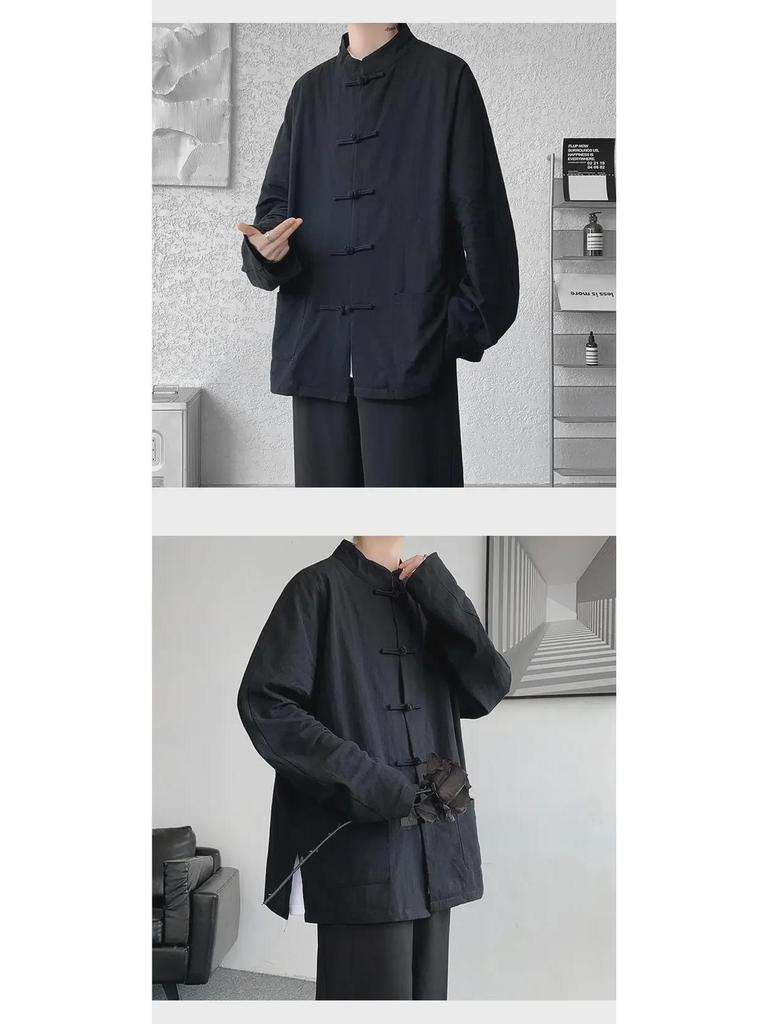 Herren Langarm Leinen Chinesische geknöpfte Hanfu Tang Jacke, Übergröße
